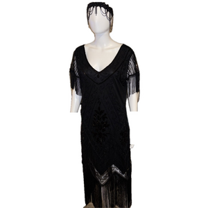 Roaring 20’s Elegant Flapper Dress Black Beaded Fringe Dress headband Set